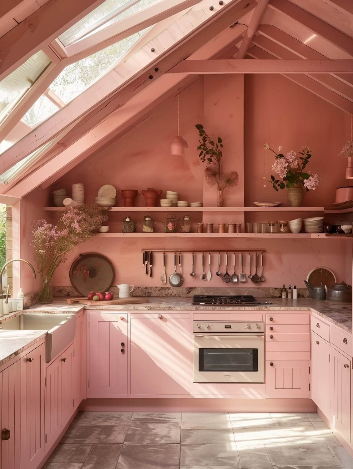 Colorful Kitchen Designs That Brighten Up Your Home 38 pink kitchen with pitched ceiling and shelves nordroom