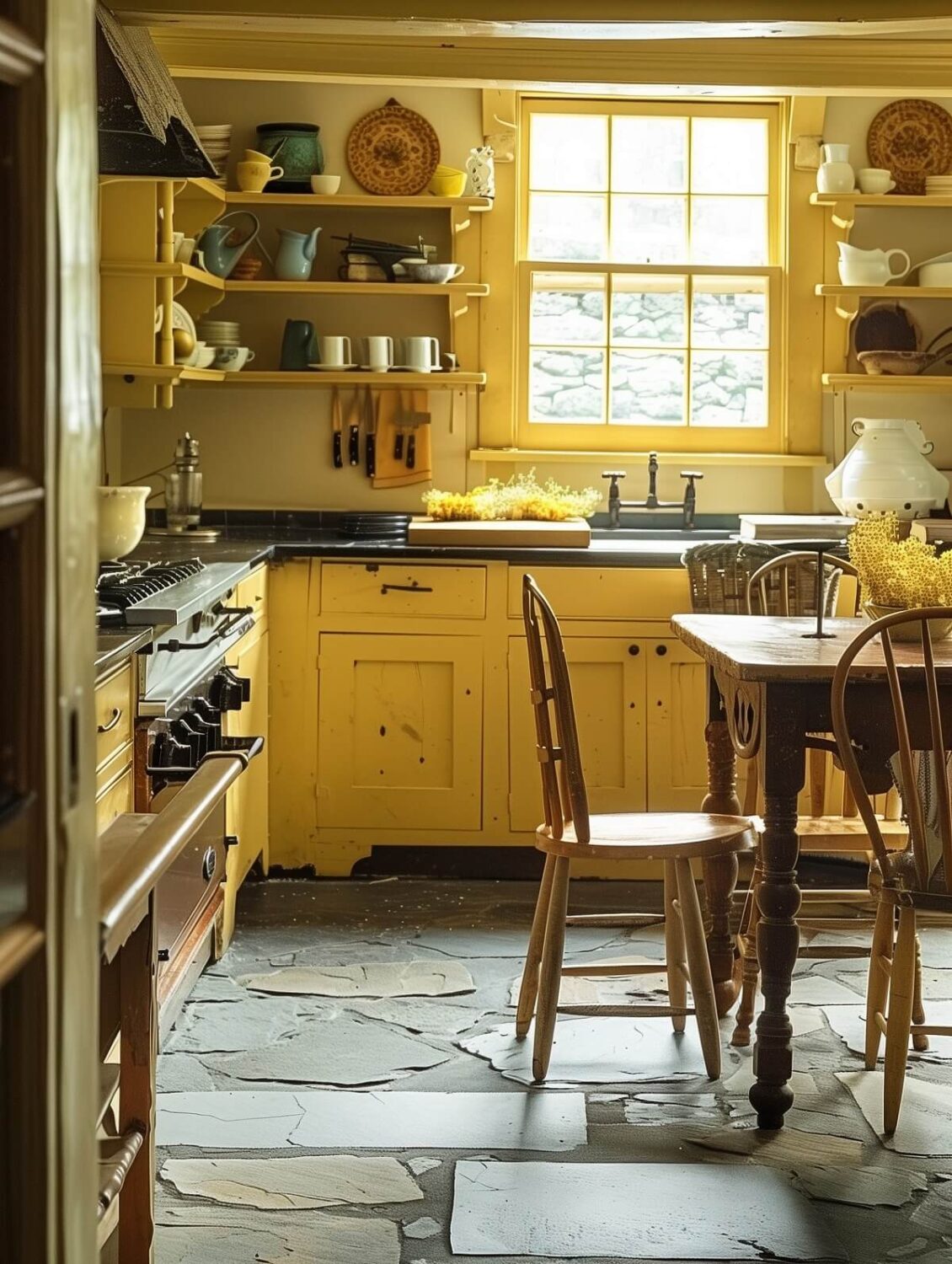 Colorful Kitchen Designs That Brighten Up Your Home 7 yellow cottage kitchen with farmhouse table and stone floor nordroom