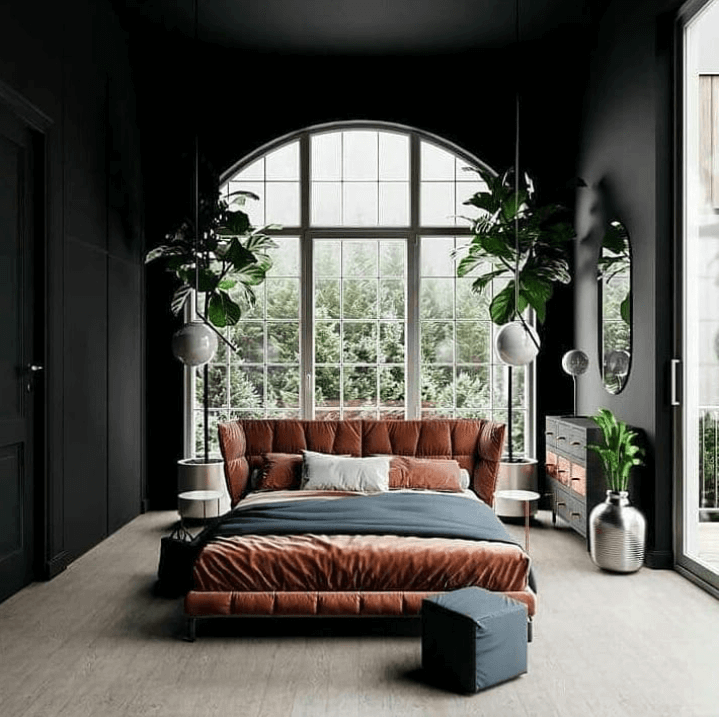 A Plant-Filled Bedroom with Eye-Catching Arched Window 1 dark plant filled bedroom window nordroom3 A Plant-Filled Bedroom with Eye-Catching Arched Window
