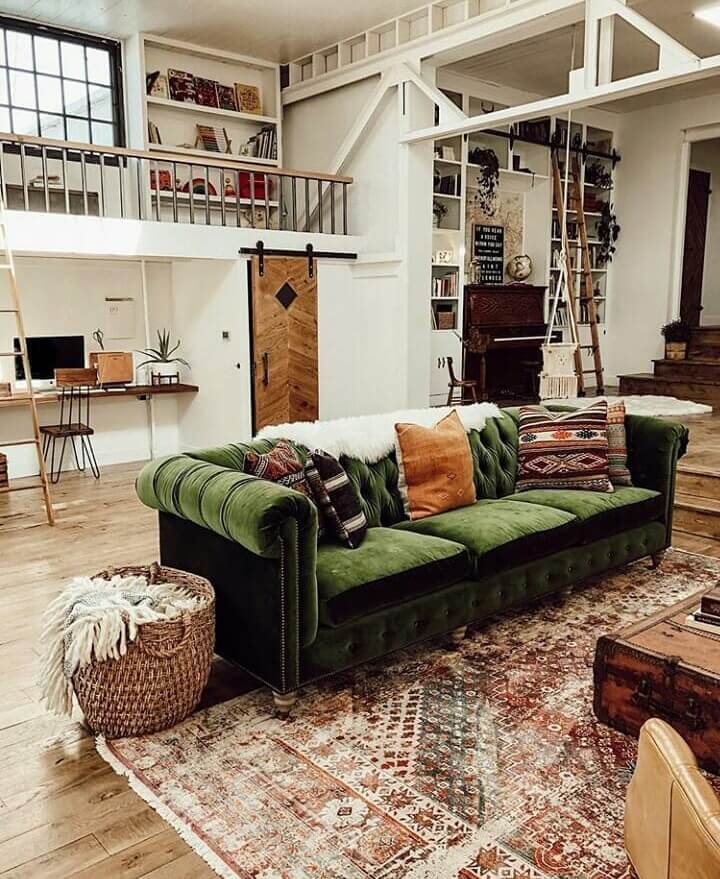 A Vintage Industrial Barn Home With A Beautiful Green Velvet Sofa 1 vintage industrial barn house nordroom A Vintage Industrial Barn Home With A Beautiful Green Velvet Sofa