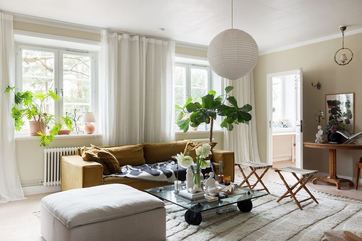A Stockholm Apartment with Bohemian and Natural Touches 1 living room A Stockholm Apartment with Bohemian and Natural Touches