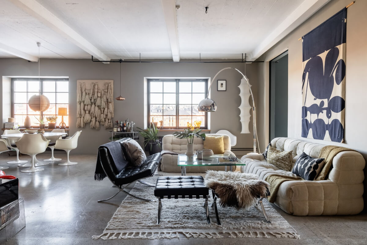 A Monochrome Design Home in a Former Chocolate Factory 1 open plan living space concrete floor