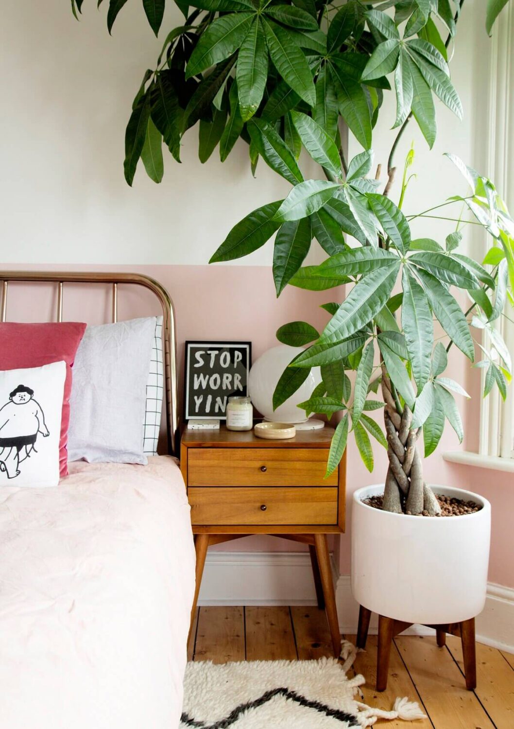Two-Tone Walls Ideas: Create A Color Blocking Accent Wall 17 bedroom-two-tone-accent-wall-white-light-pink-plants-nordroom