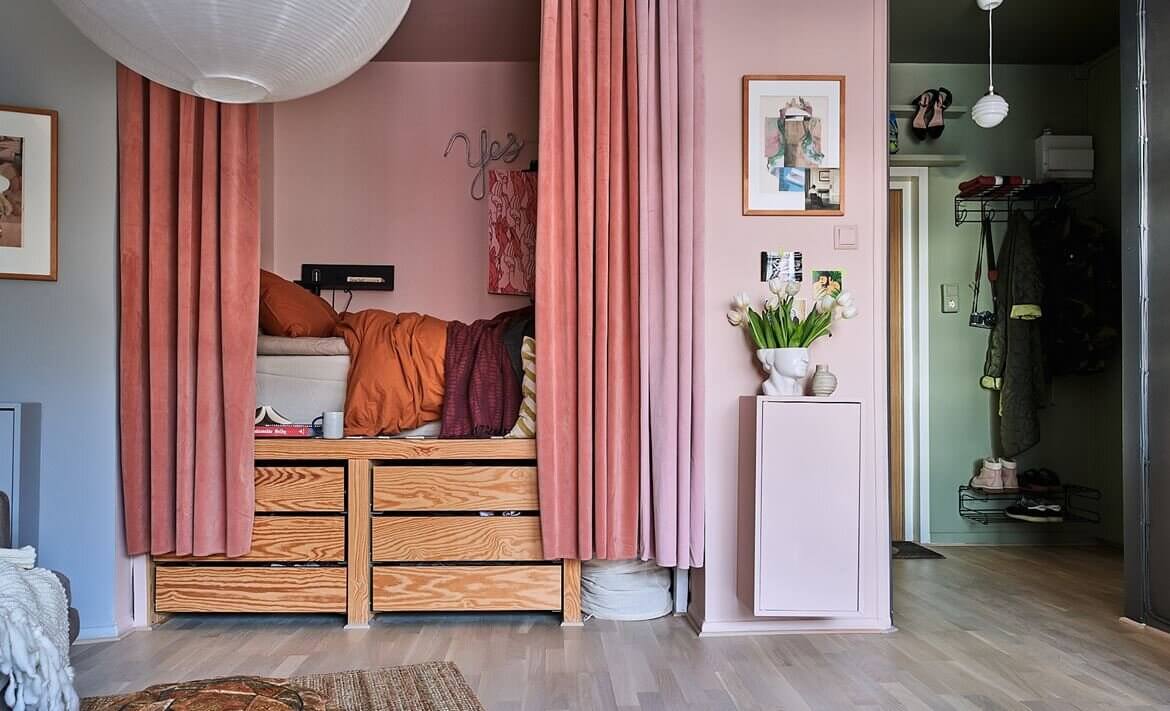 A Scandinavian Studio Apartment with a Colorful Bed Nook 8 scandinavian studio apartment colorful bed nook nordroom7 A Scandinavian Studio Apartment with a Colorful Bed Nook