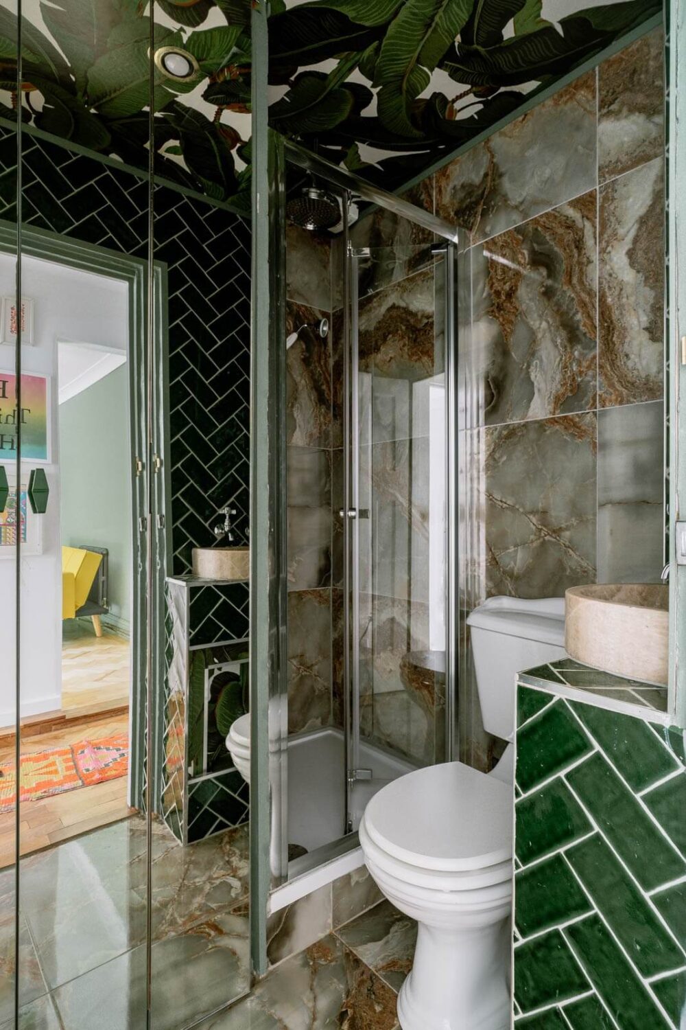 40+ Colorful Bathrooms That Will Spruce Up Your Home 31 small bathroom with wallpaper on ceiling nordroom