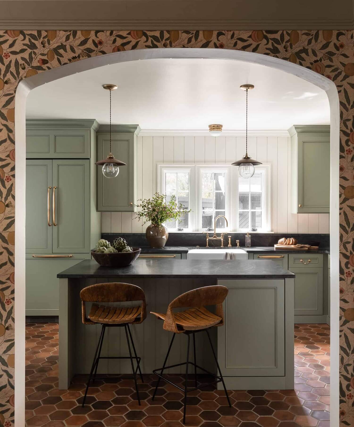 Soothing Colors in Designer Heidi Caillier's Eclectic Washington Home 5 green kitchen terracotta floor nordroom Soothing Colors in Designer Heidi Caillier's Eclectic Washington Home