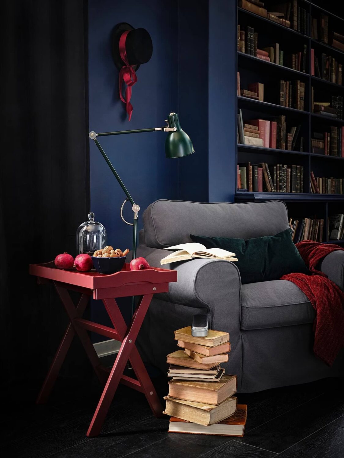 36 Home Library Ideas That Are A Book-Lover's Dream 22 moody-blue-reading-nook-ikea-built-in-bookshelves-nordroom