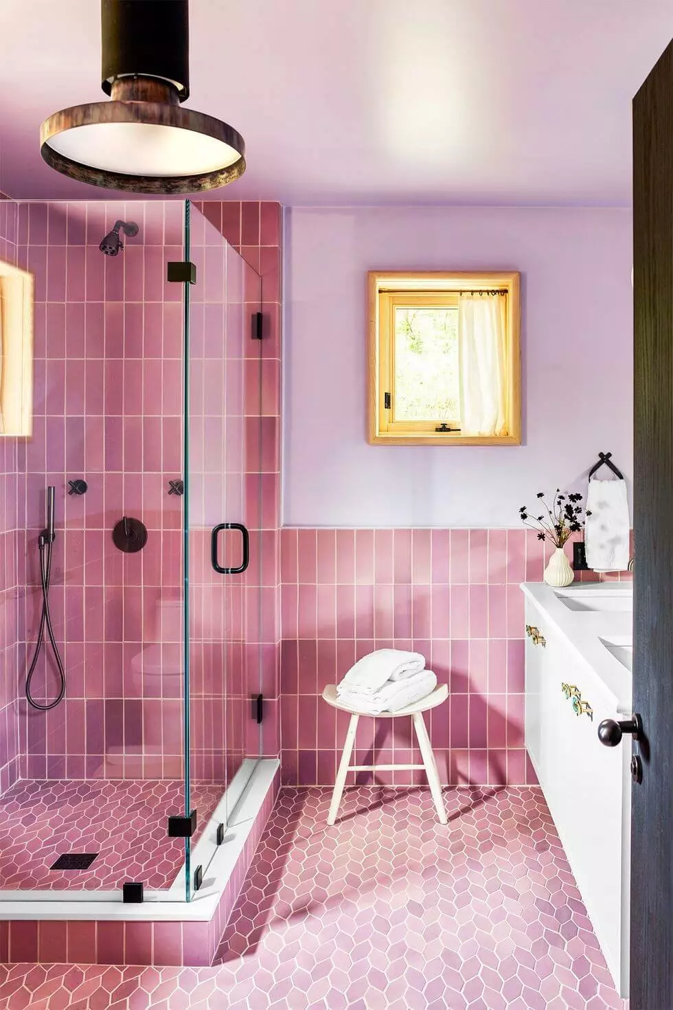 83 Small Bathroom Ideas & How To Make It Look Bigger 39 small-pink-bathroom-vertical-tiles-pendant-light-nordroom