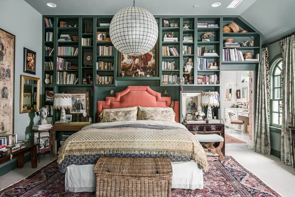 How To Style A Pink Bedroom (For Adults) 15 green-bookshelves-pink-headboard-louisa-pierce
