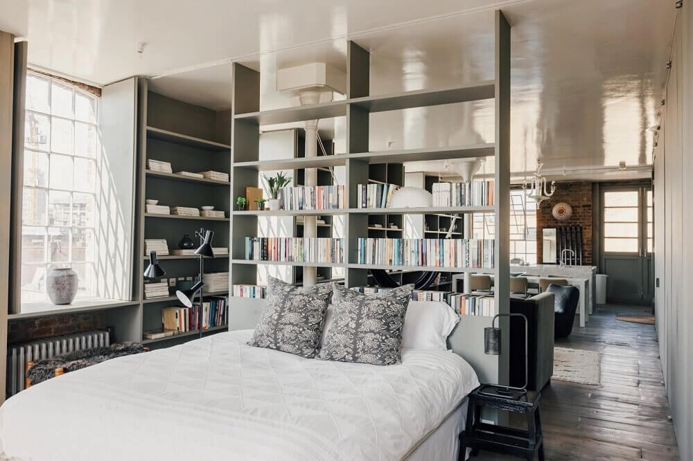 A London Loft Designed By Ilse Crawford And Vincent van Duysen 12 london-loft-ilse-crawford-vincent-van-duysen-grey-bookshelves-kitchen-island--zellige-tiles-brick-wall-victorian-warehouse-conversion-nordroom
