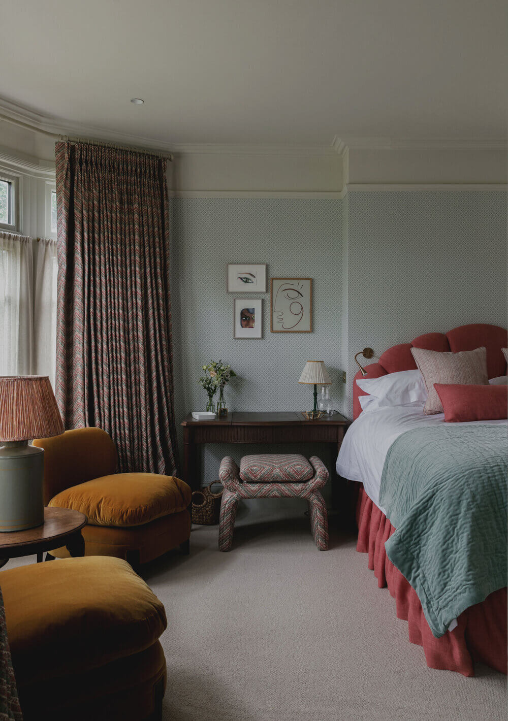 Warm Colors and Texture In A North London Family Home 11 pink-velvet-bed-nordroom