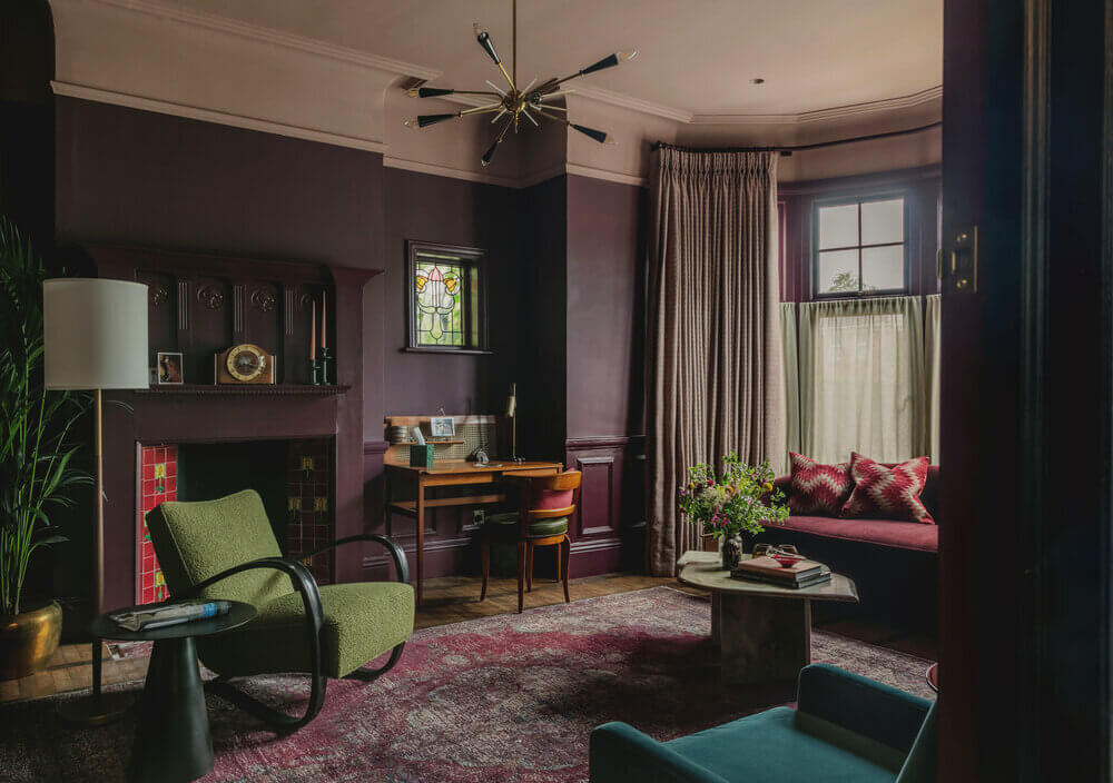 Warm Colors and Texture In A North London Family Home 1 purple-living-room-pink-ceiling-london-studio-duggan-nordroom