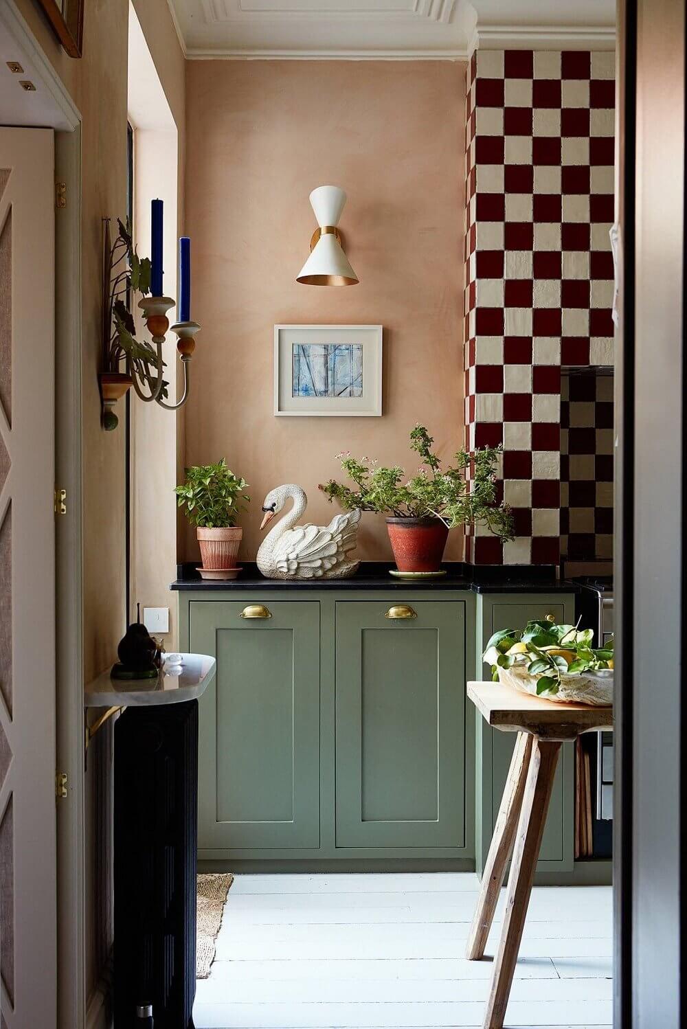 Green Kitchen Design Ideas That You'll Love 30 green-kitchen-cabinets-pink-tiles-nordroom2