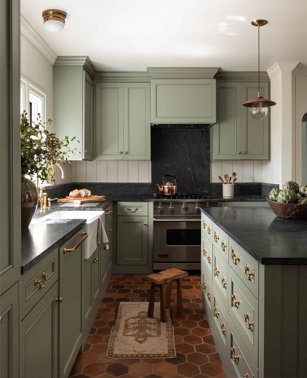 Green Kitchen Design Ideas That You'll Love 5 green-shaker-kitchen-terracotta-floor-nordroom