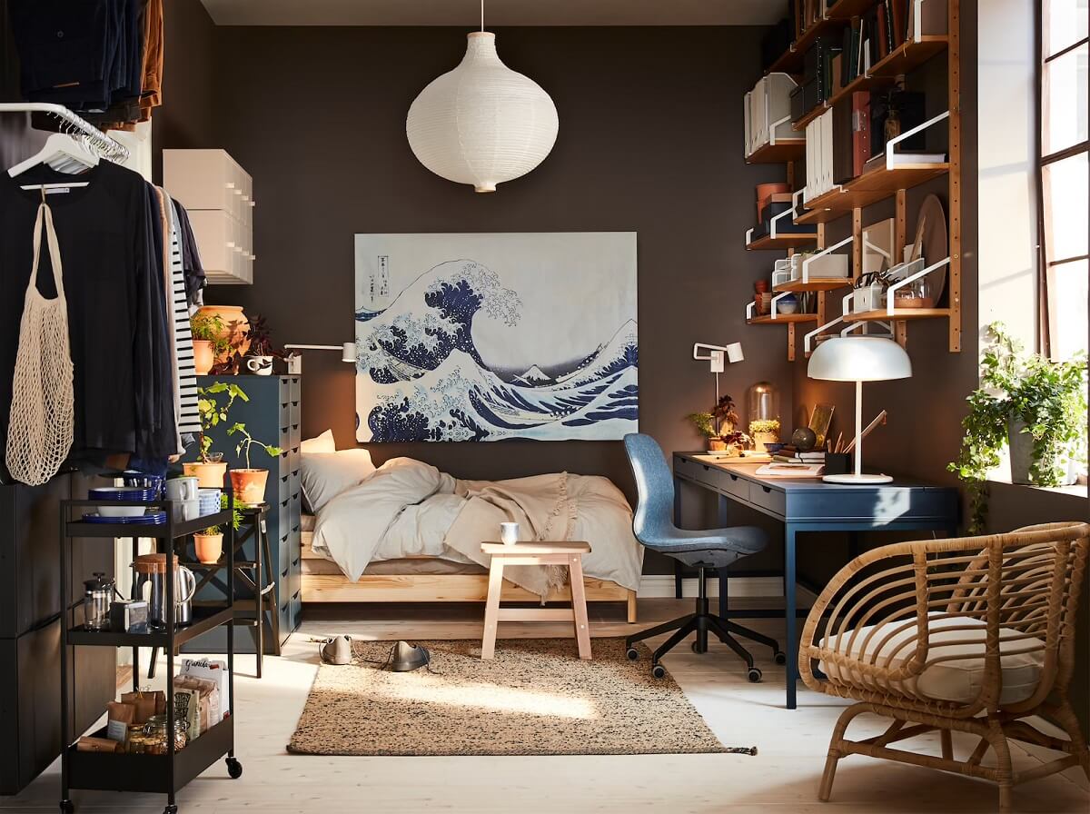 How To Design A Stylish Bedroom Home Office 9 ikea-bedroom-double-desk-behind-bed-shelves-nordroom