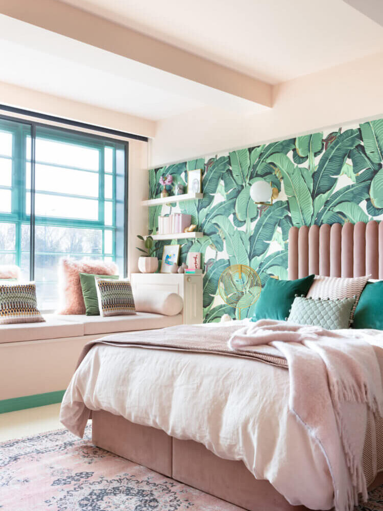 How To Style A Pink Bedroom (For Adults) 8 pink-bed-green-leaf-wallpaper-nordroom