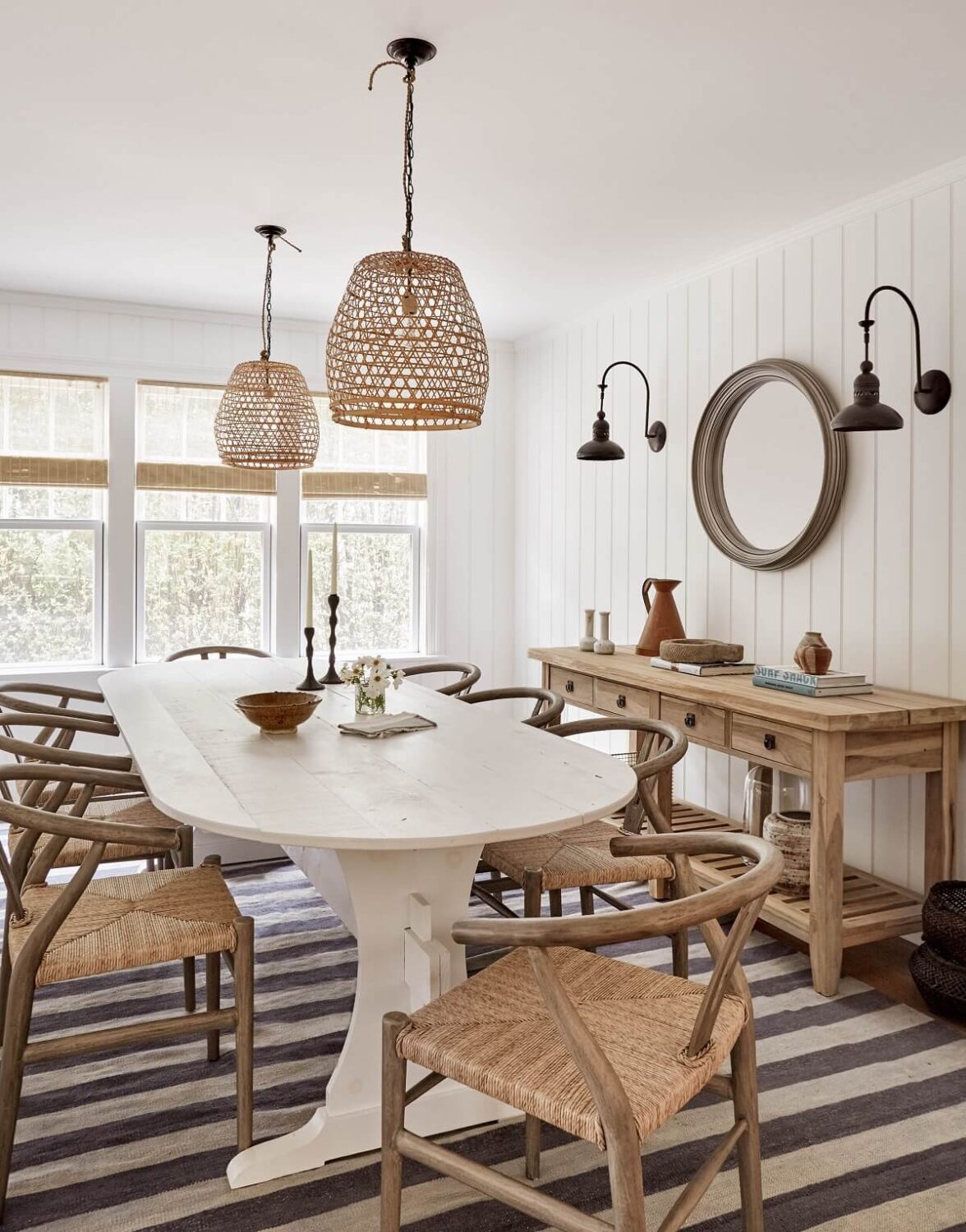 A Serene Surf Retreat in The Hamptons 12 dining-room-wood-wishbone-chairs-striped-rug-surf-retreat-becca-interiors-nordroom