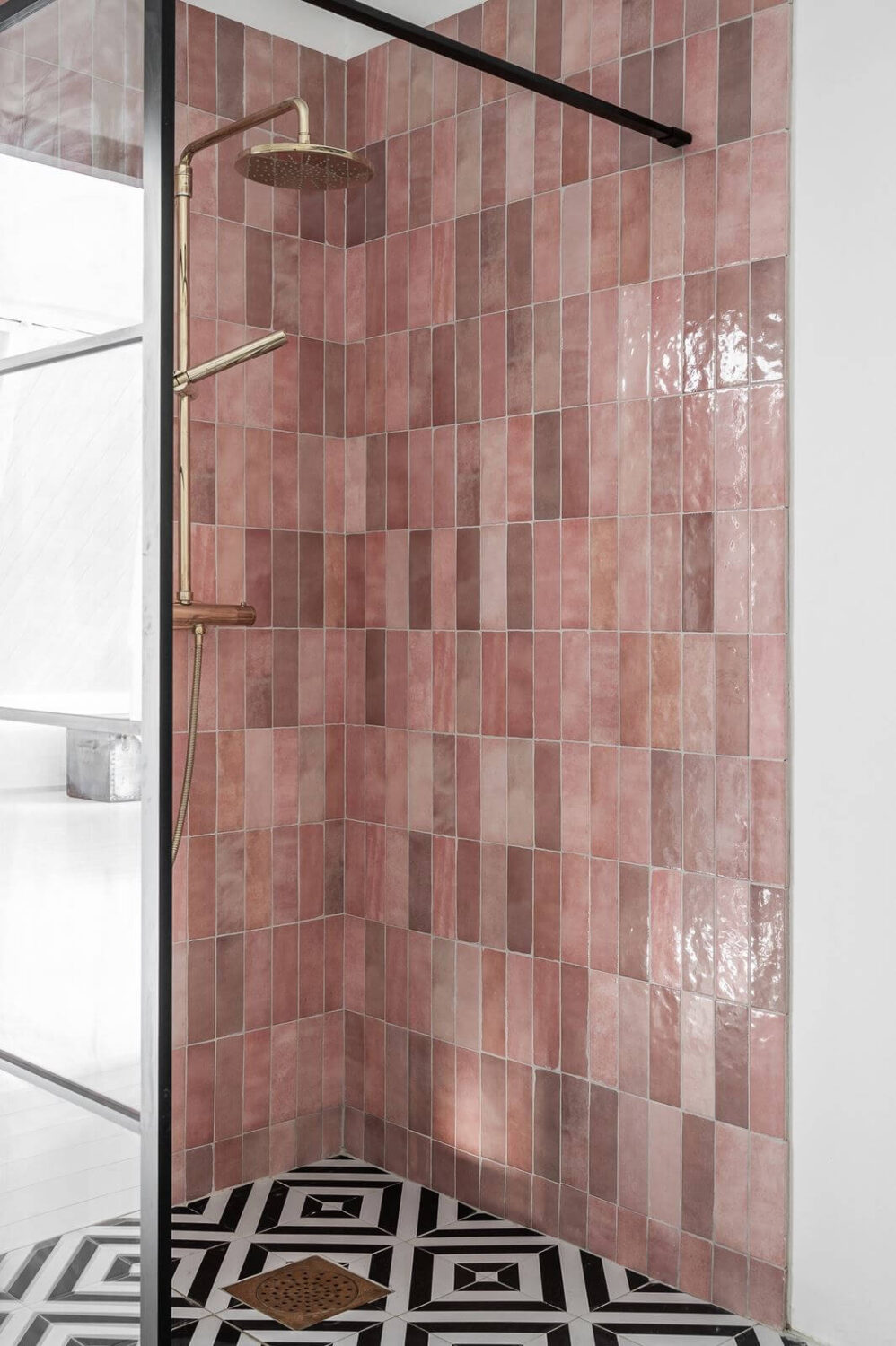 83 Small Bathroom Ideas & How To Make It Look Bigger 40 bathroom-pink-wall-tiles-black-white-floor-tiles-nordroom