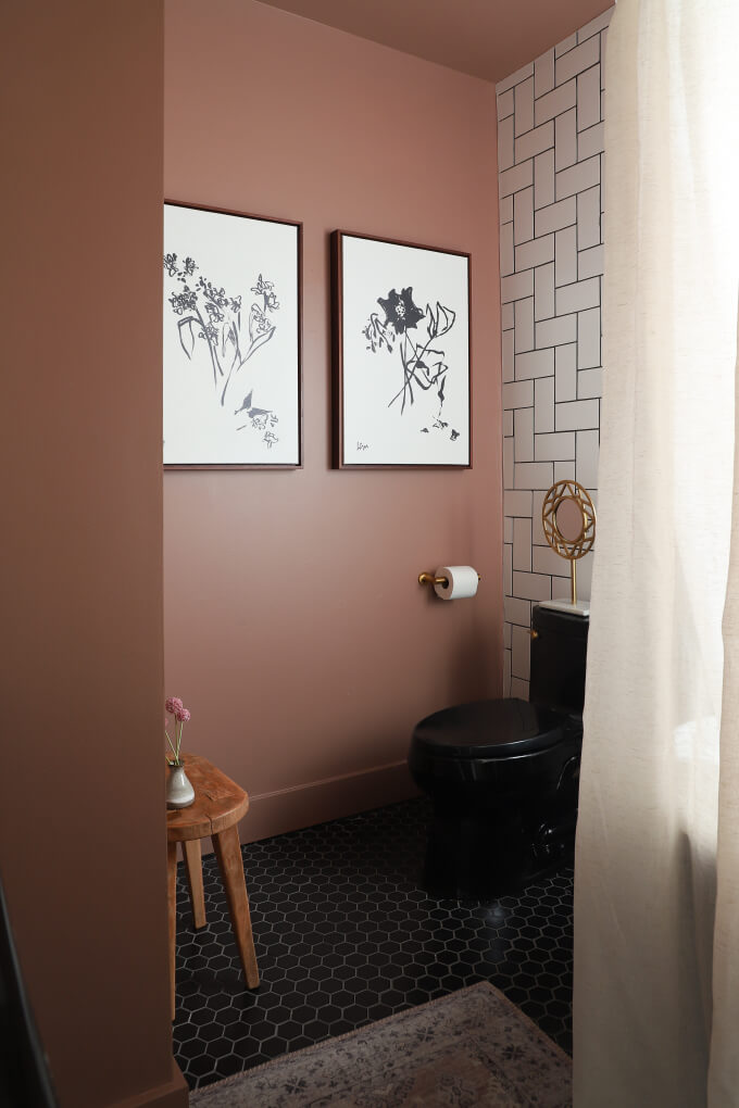 89 Pink Bathroom Ideas: From Hot Pink Walls to Blush Tiles 32 mocha bathroom black toilet nordroom 89 Pink Bathroom Ideas: From Hot Pink Walls to Blush Tiles