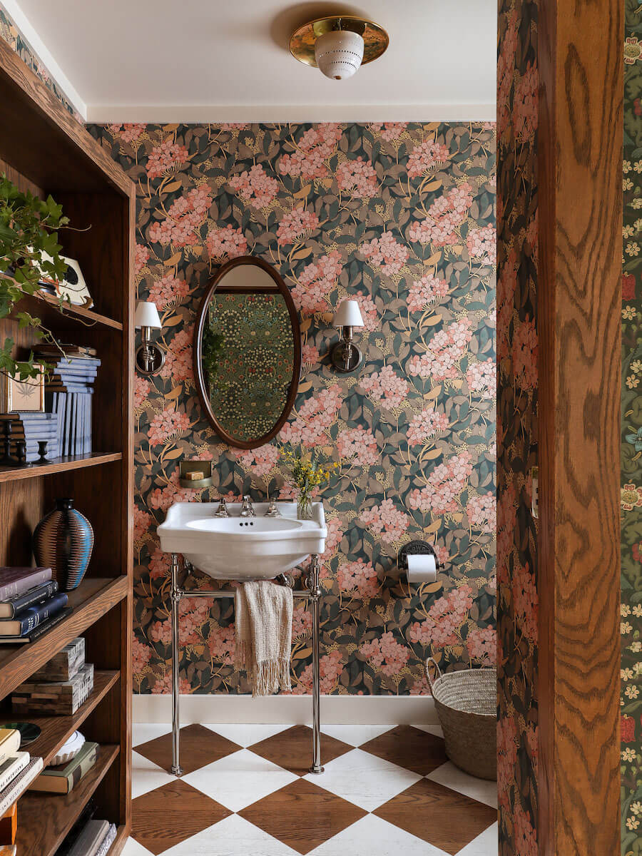Best of 2021: Bathrooms 11 powder-room-pink-wallpaper-wooden-beams-nordroom