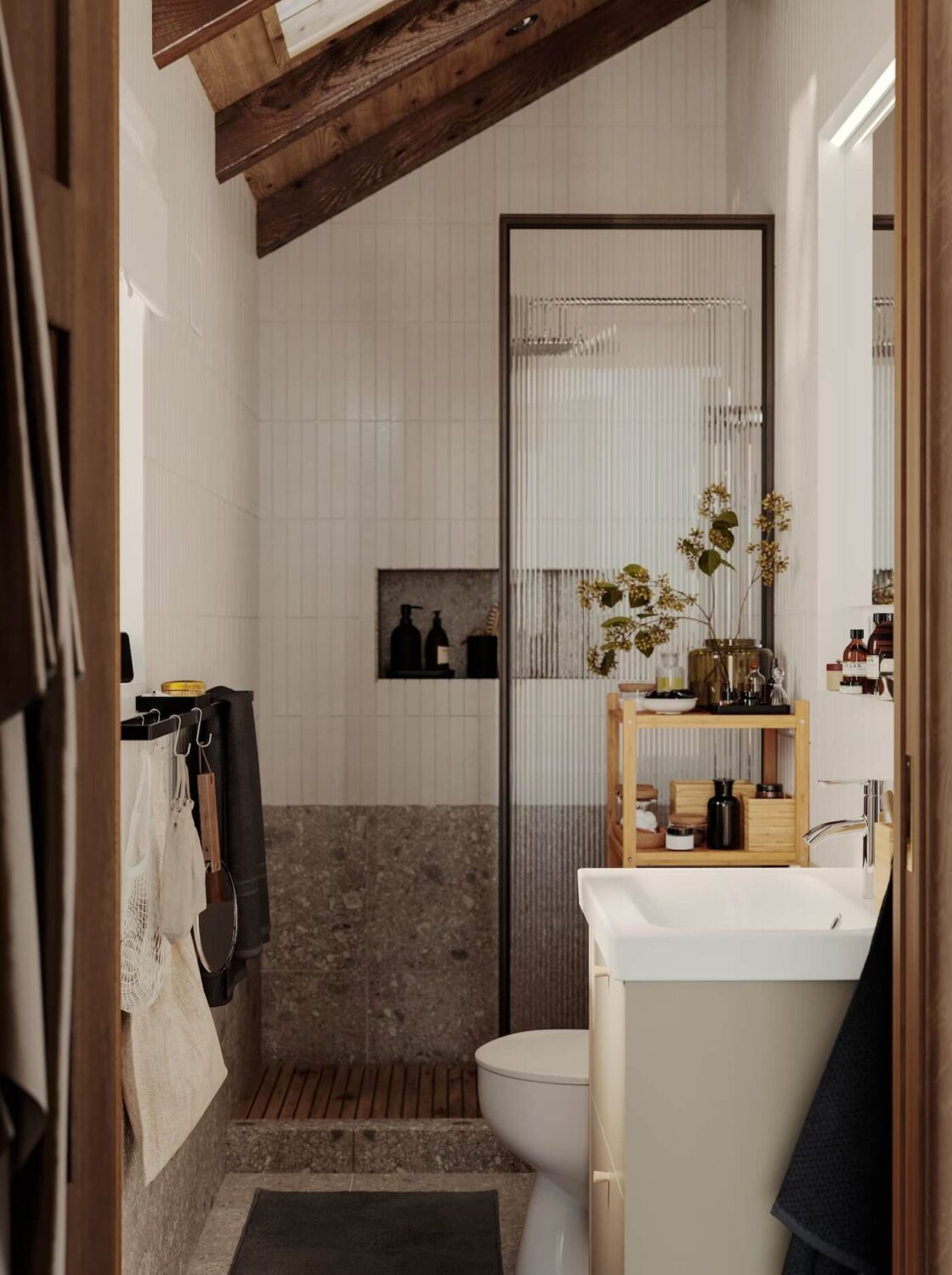 83 Small Bathroom Ideas & How To Make It Look Bigger 23 small bathroom slanted wooden ceiling ribbed glass shower glass storage niches nordroom