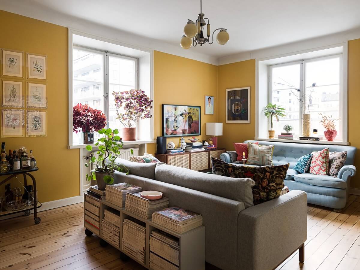 A Vibrant Colorful Scandinavian Apartment 1 yellow-living-room-blue-vintage-sofa-nordroom