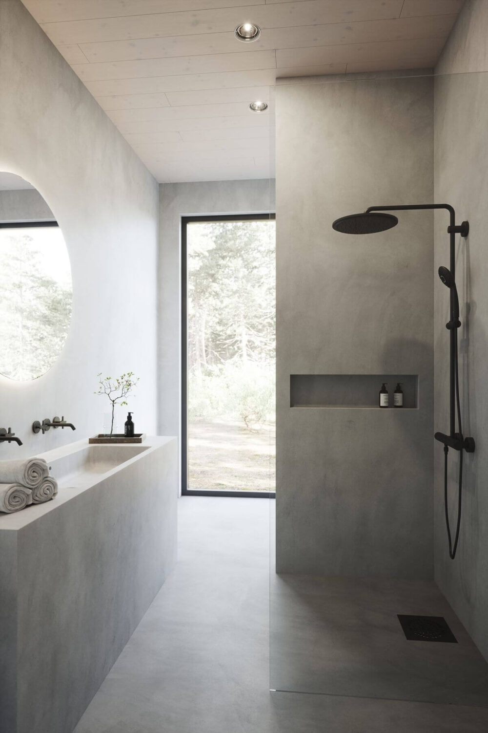Simple Bathroom Design Ideas That Will Wow You 11 concrete-bathroom-minimalistic-large-window-interior-trends-2022-nordroom