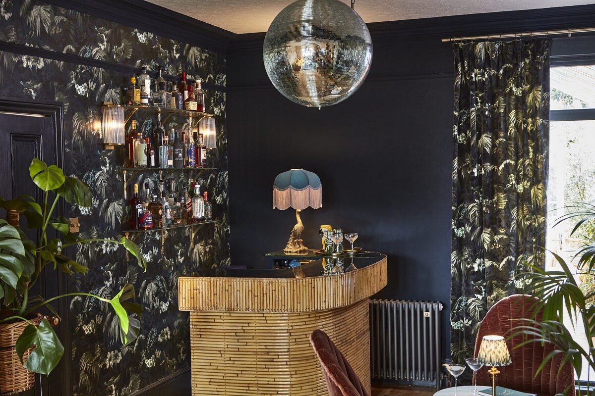 A Colorful 70s Inspired Home in London 16 moody-blue-home-bar-70s-style-nordroom