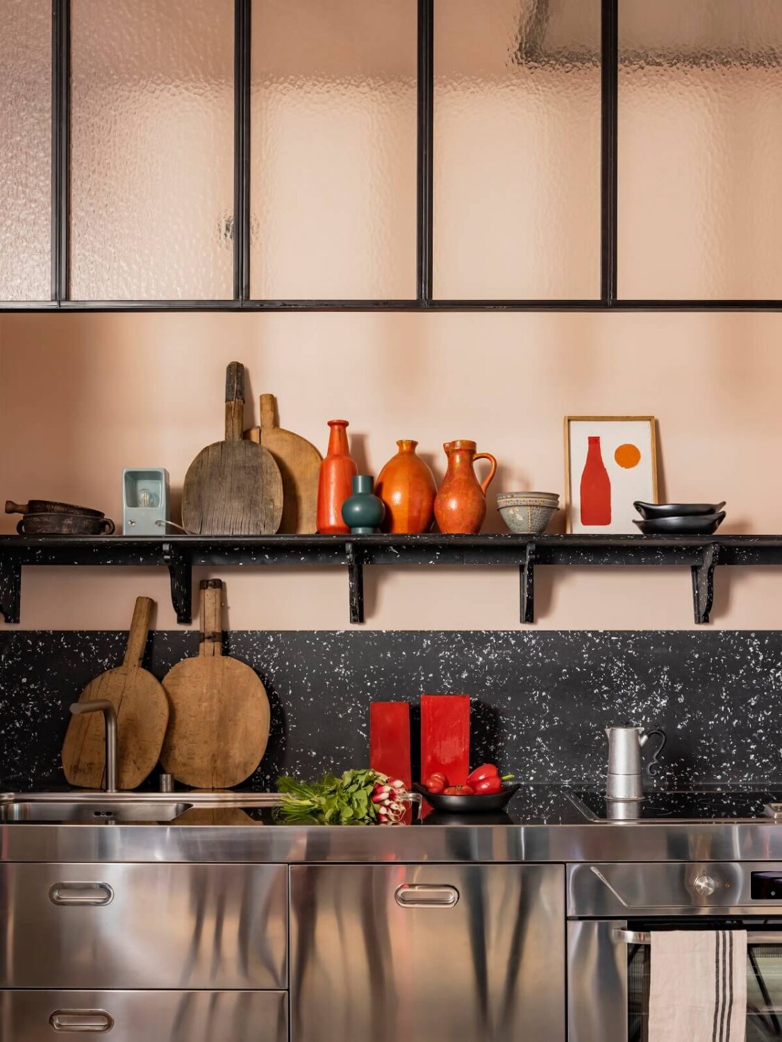 A Colorful Eclectic Apartment by Merci Paris 9 stainless-steel-alpes-inox-kitchen-cabinets-paris-apartment-merci-second-residence