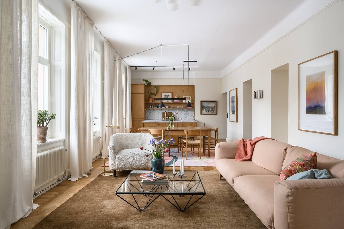 A Stylish Scandi Home with Oak Kitchen 1 open-plan-living-room-kitchen-pink-sofa-nordroom