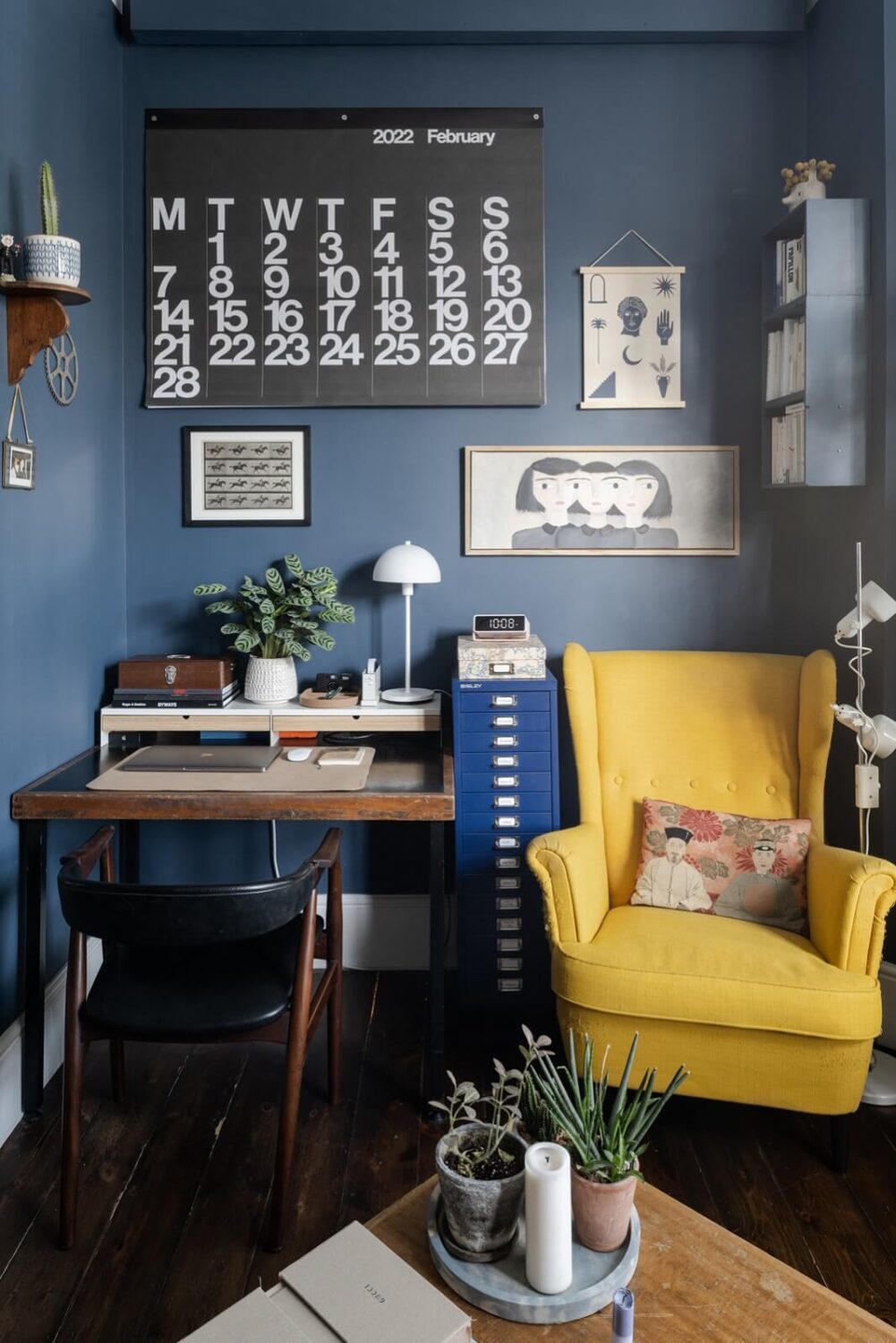 Benjamin Moore Color of the Year 2024: Blue Nova 18 dark-blue-sitting-room-yellow-chair-home-office-nordroom