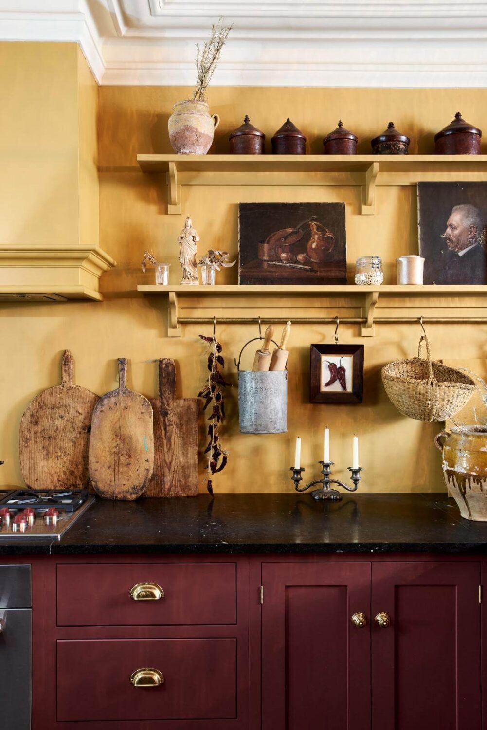 A Deep Red & Yellow deVOL Kitchen 3 red-shaker-kitchen-devol-yellow-wall-open-shelves-vintage-decor-nordroom