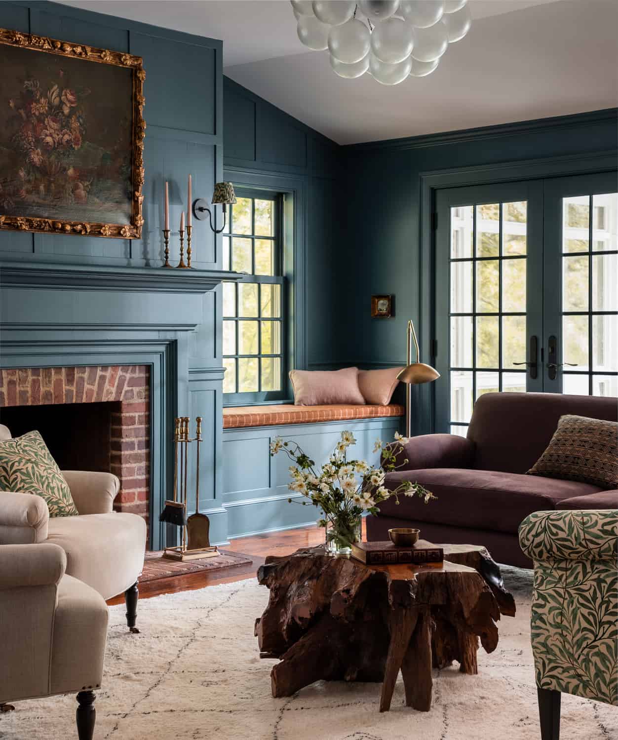 The Best Classic Paint Colors For A Timeless Living Room 20 Heidi-Caillier-Design-Hudson-Valley-house-dark-blue-family-room-william-morris-sofa-vintage-floral-painting-apparatus-light-Nordroom