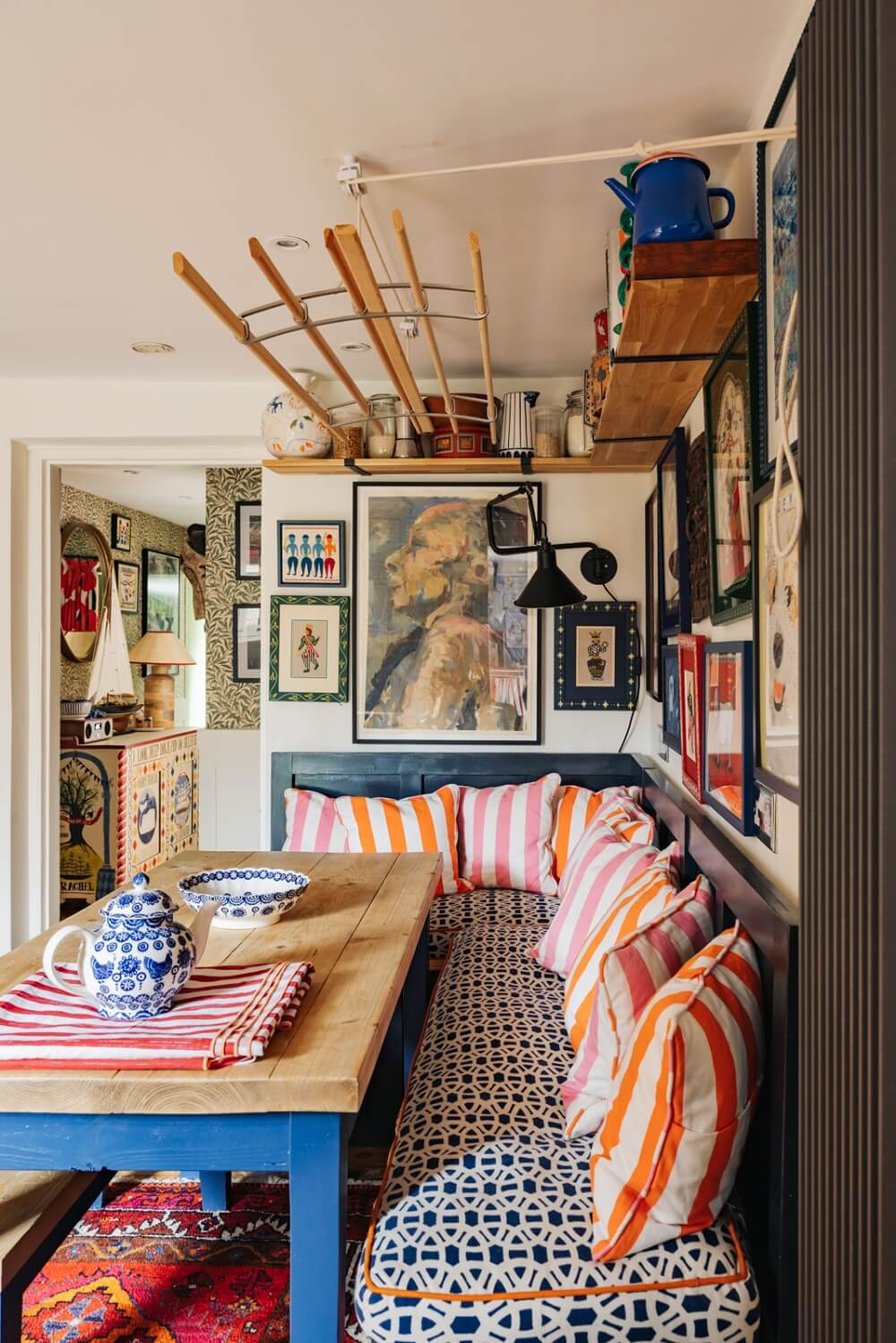 A Playful Maximalist Home in London 9 kitchen-bench-dining-table-colorful-maximalistic-home-nordroom