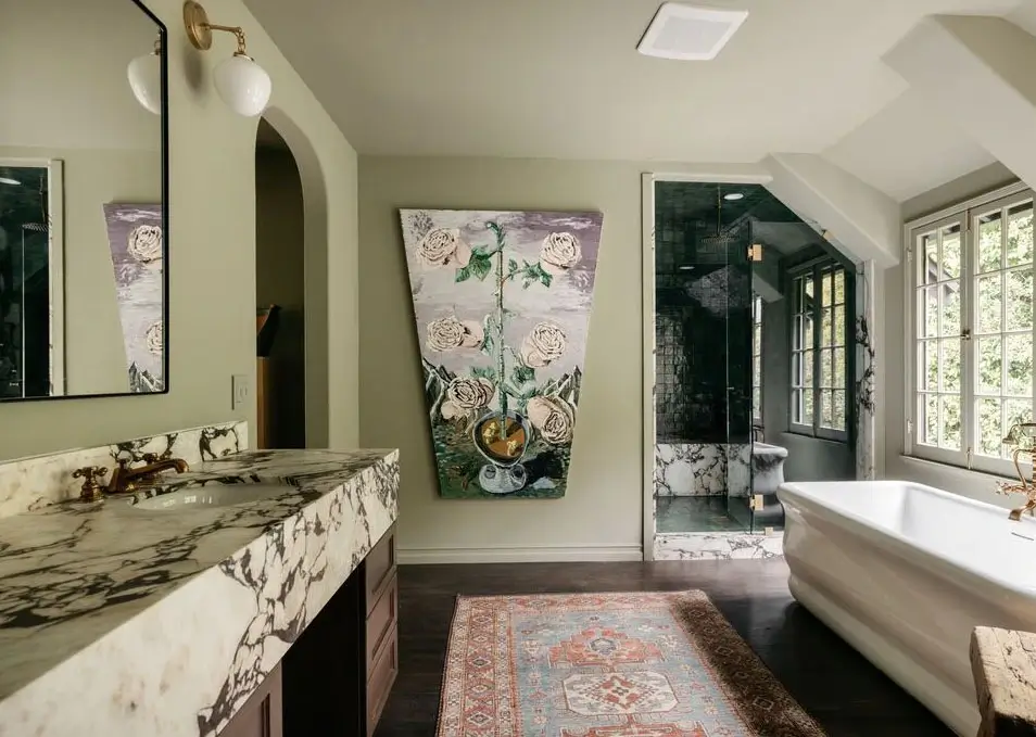 A Beautiful Tudor House in Los Feliz 27 master-en-suite-bathroom-green-tiles-marble-bath-nordroom