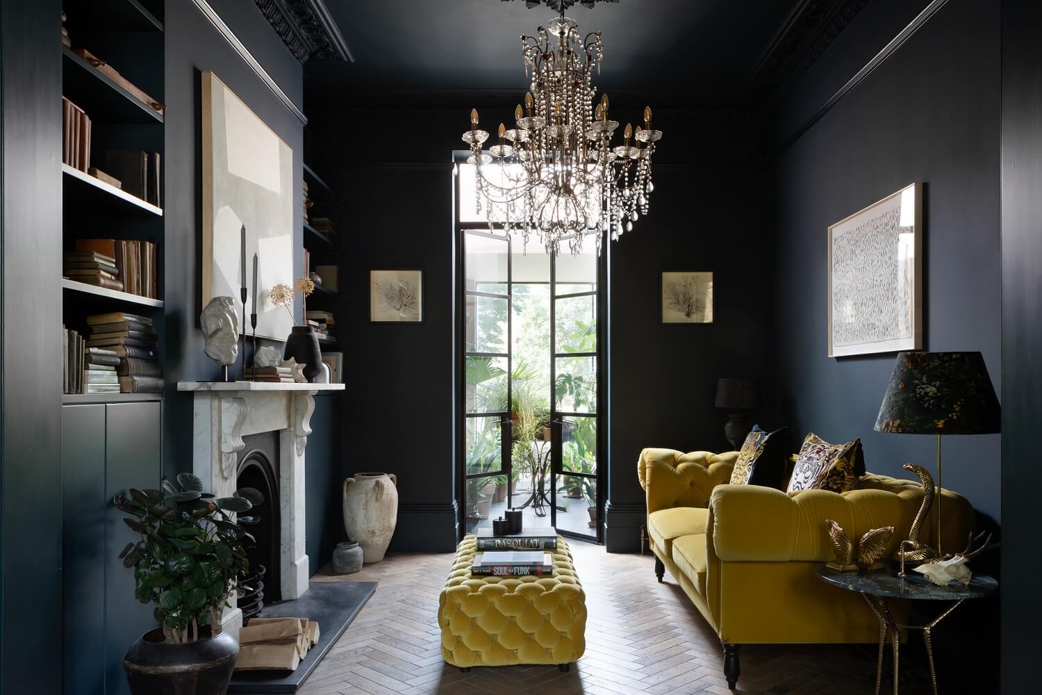 Contrasting Styles in a Victorian Home in London 1 moody-dark-blue-sitting-room-yellow-sofa-crittal-doors-victorian-home-london-frank-and-faber-nordroom