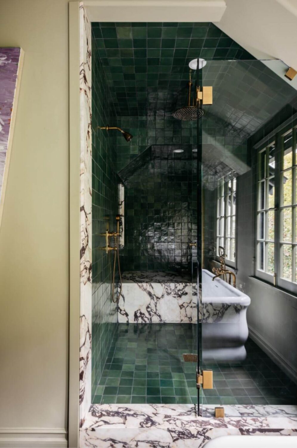 A Beautiful Tudor House in Los Feliz 29 shower-slanted-ceiling-dark-green-tiles-tudor-house-nordroom