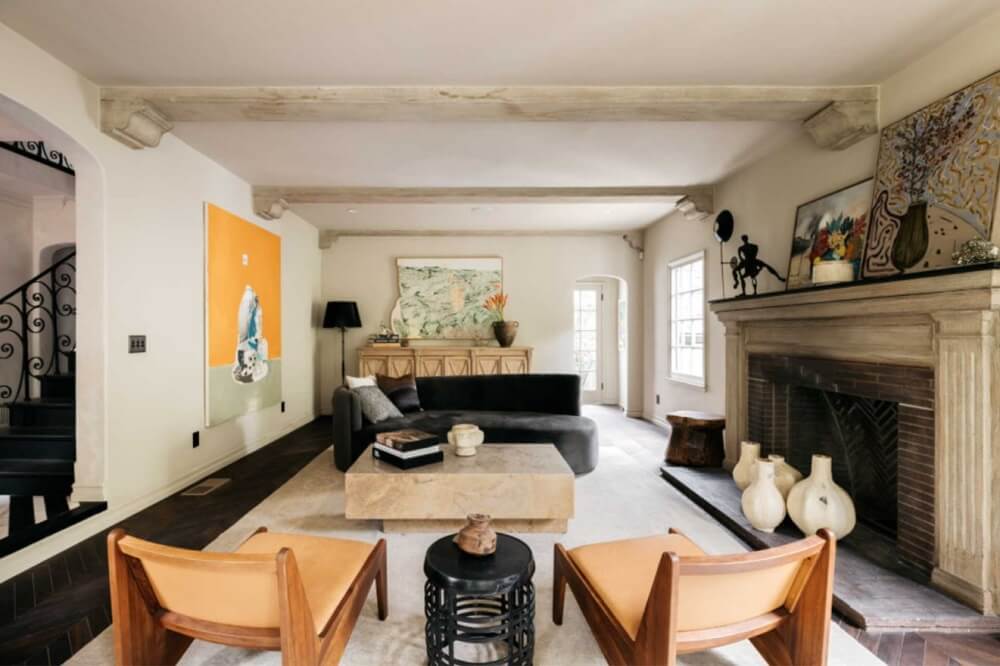 A Beautiful Tudor House in Los Feliz 2 sitting-room-fireplace-green-velvet-sofa-nordroom