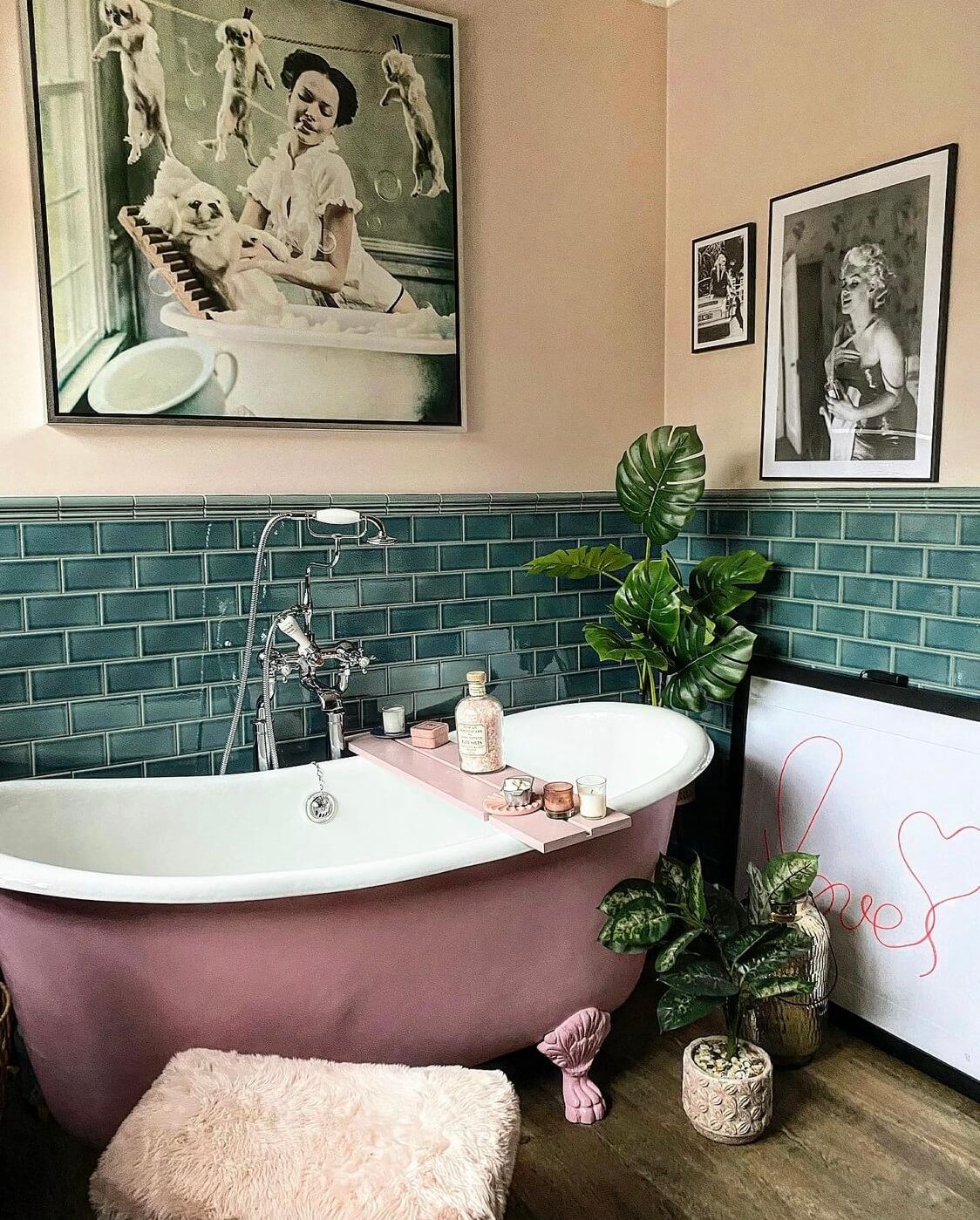 A Wonderful Eclectic Maximalist Home in England 20 bathroom-pink-clawfoot-bath-green-tiles-nordroom