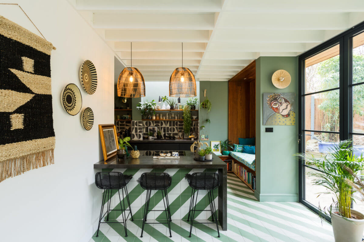 A Colorful Maximalist Home in London 1 black-green-kitchen-window-seat-modern-extension-nordroom