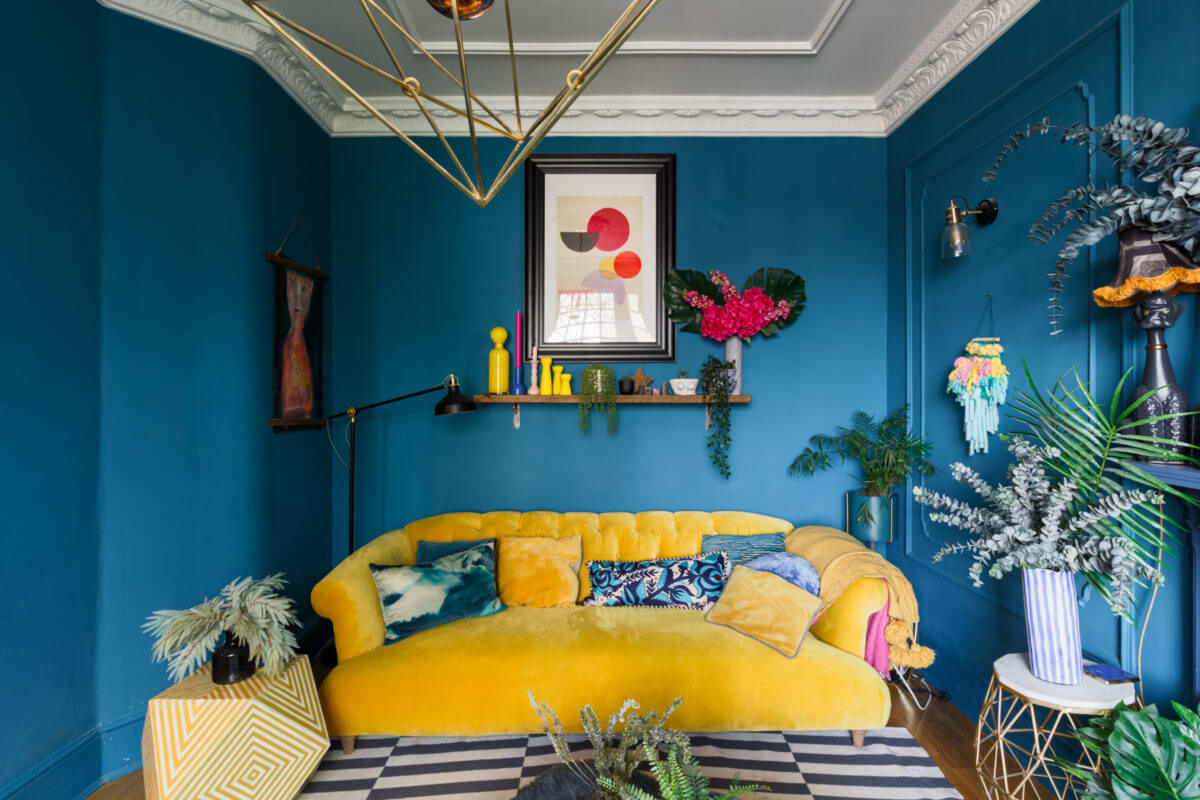 A Colorful Maximalist Home in London 25 blue-sitting-room-yellow-sofa-period-details-colorful-maximalist-home-london-nordroom