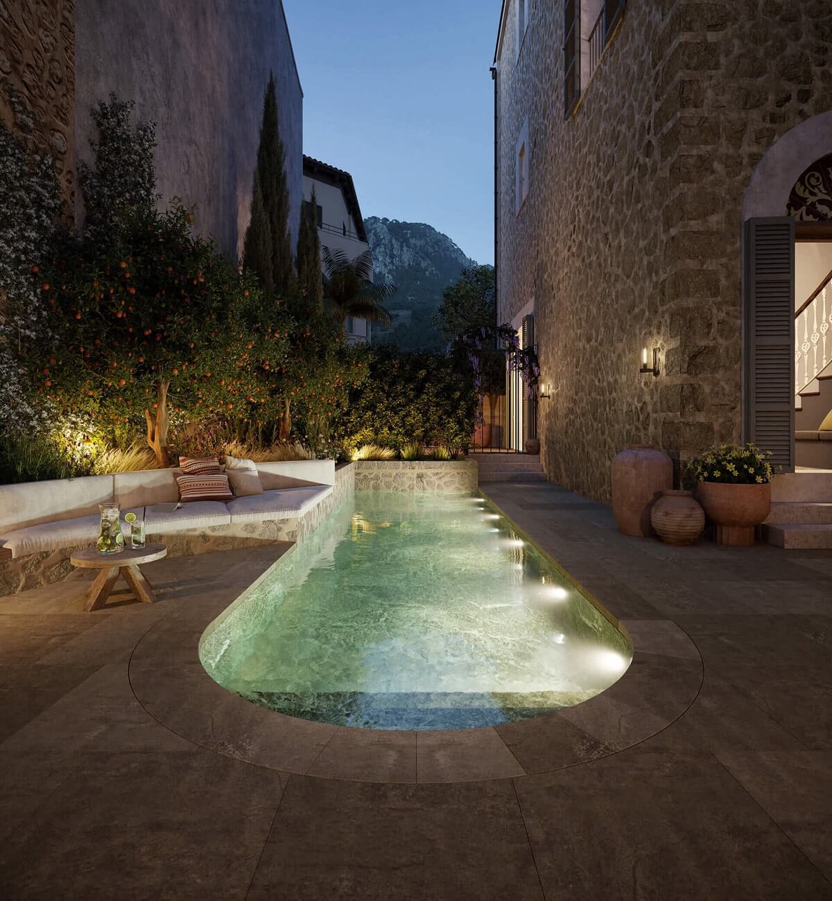 A Townhouse on Mallorca Combines Historic Charm and Modern Design 12 garden-night-lighted-swimming-pool-mallorca-townhouse-nordroom