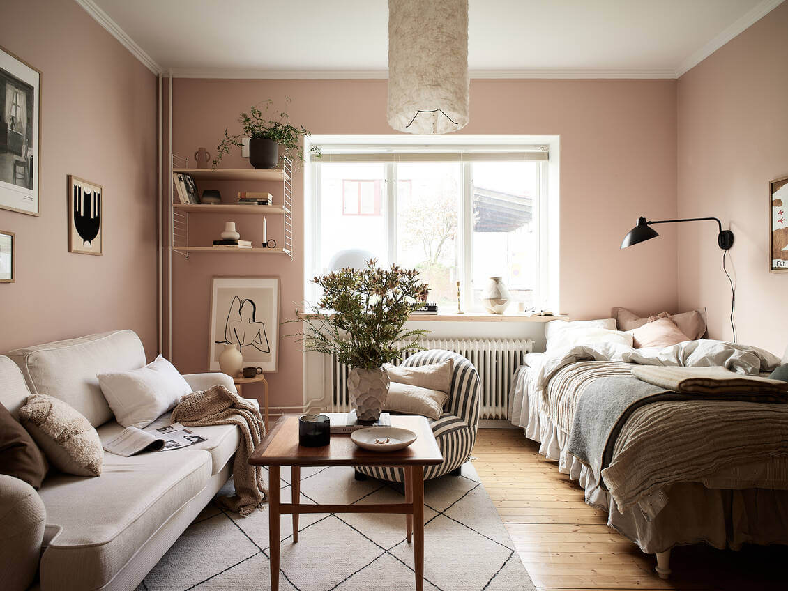 A Pink Studio Apartment with Green Bathroom 1 pink-studio-apartment-nordic-design-nordroom