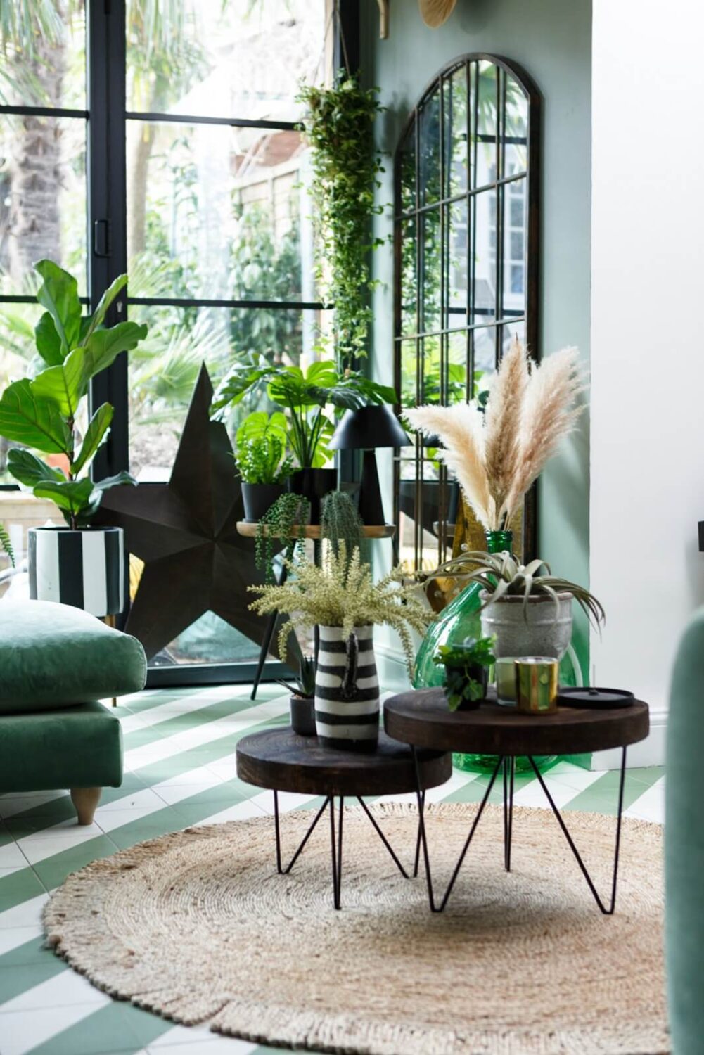 A Colorful Maximalist Home in London 15 plant-filled-green-sitting-room-floor-tiles-nordroom