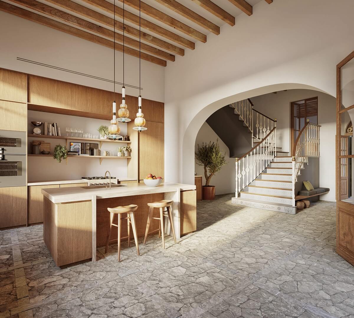A Townhouse on Mallorca Combines Historic Charm and Modern Design 1 wooden-kitchen-stone-floor-arched-doorway-historic-townhouse-mallorca-nordroom