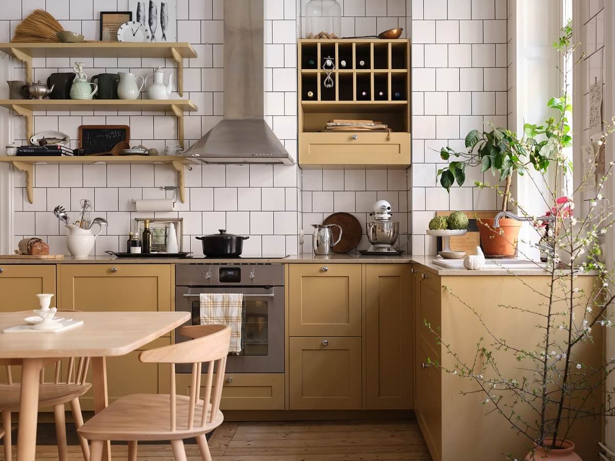 A Light Nordic Home with Ochre Yellow Kitchen 10 ochre-kitchen-cabinets-wine-cabinet-white-tiles-nordroom