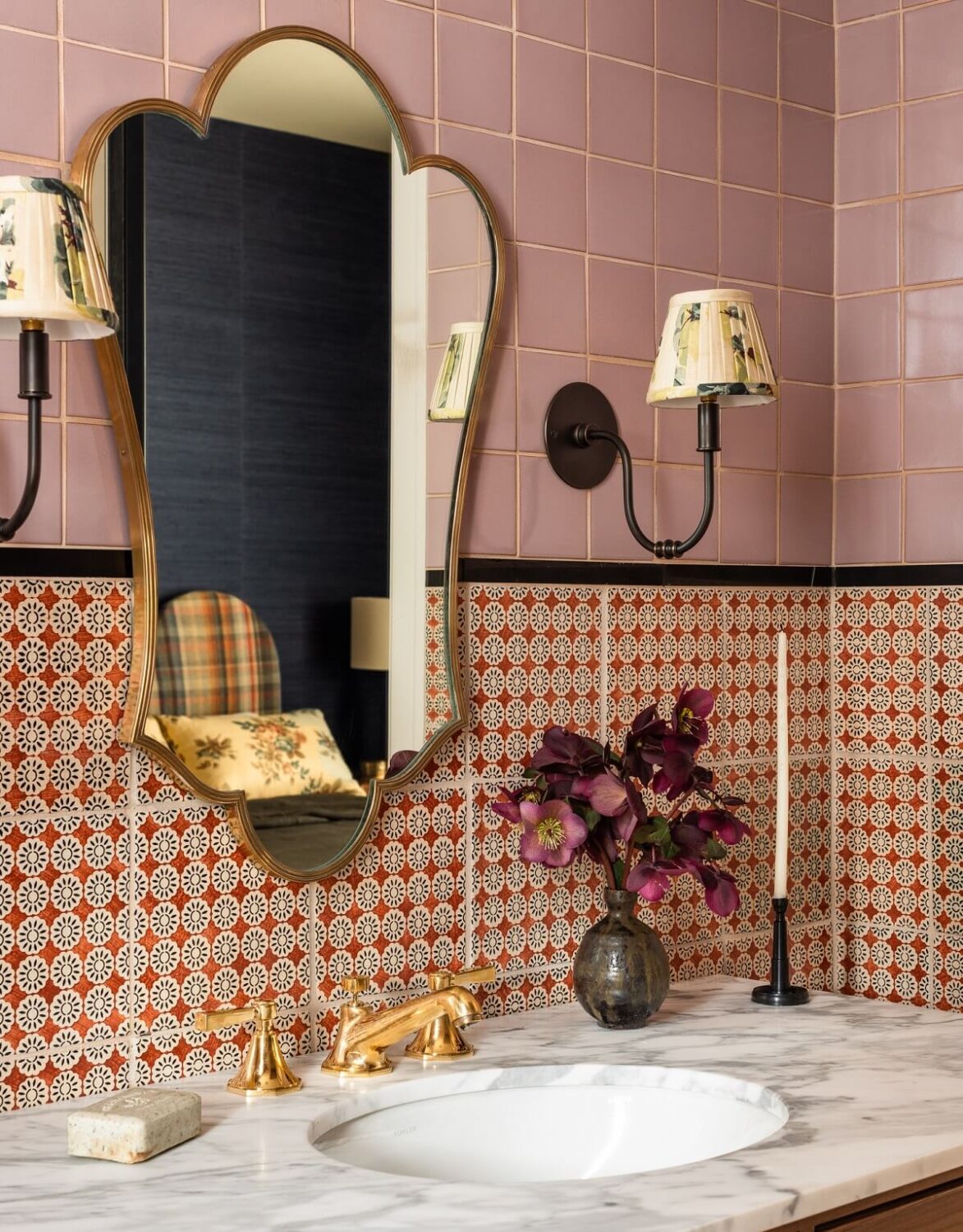Pink Tones and Black in a Stunning Fox Island Home 17 bathroom-pink-tiles-wall-sconces-heidi-caillier-guesthouse-nordroom