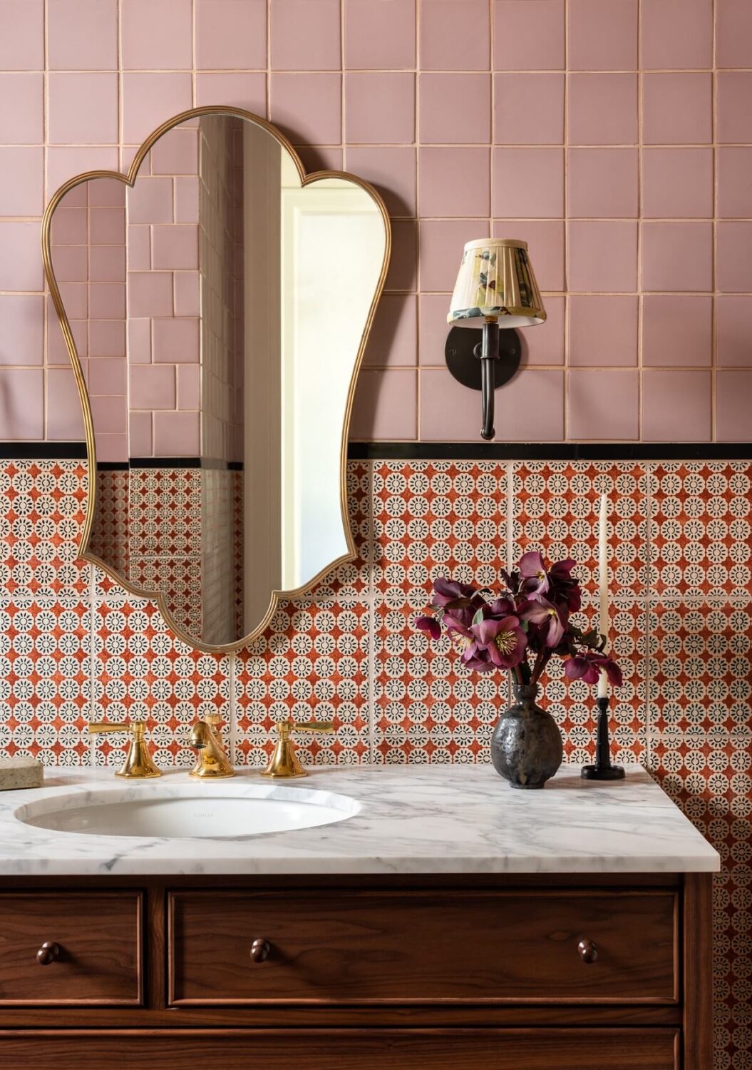 Pink Tones and Black in a Stunning Fox Island Home 16 bathroom-vanity-marble-sink-pink-tiles-nordroom