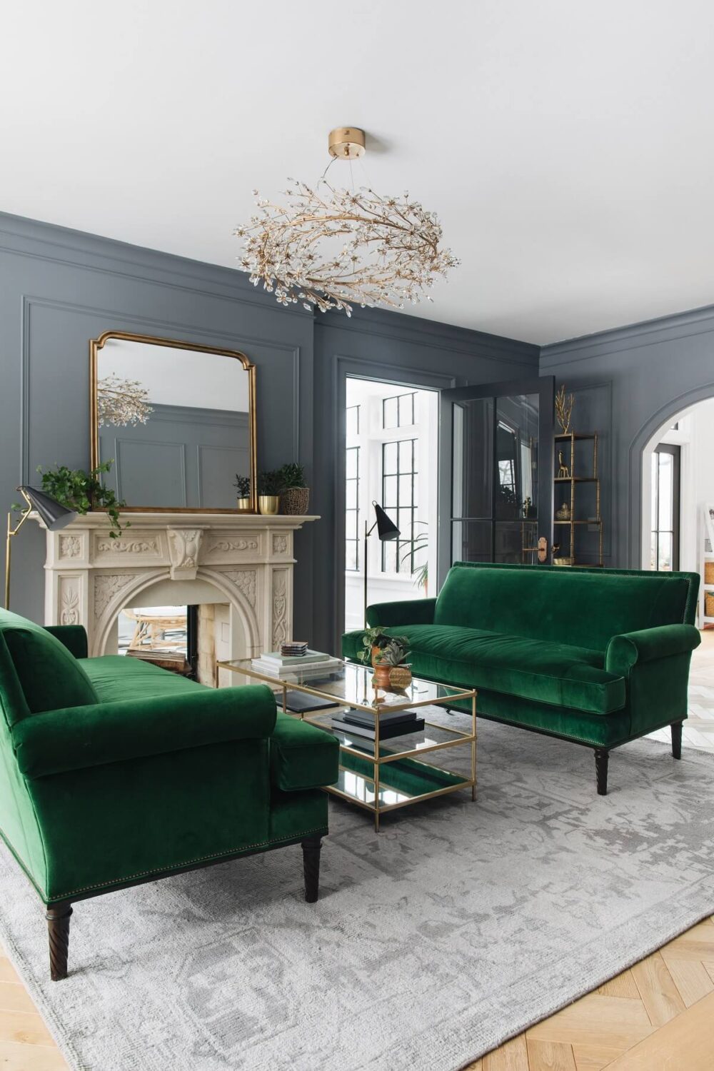 The Best Classic Paint Colors For A Timeless Living Room 10 benjamin moore englewood cliffs gray wall paint green velvet sofa nordroom The Best Classic Paint Colors For A Timeless Living Room