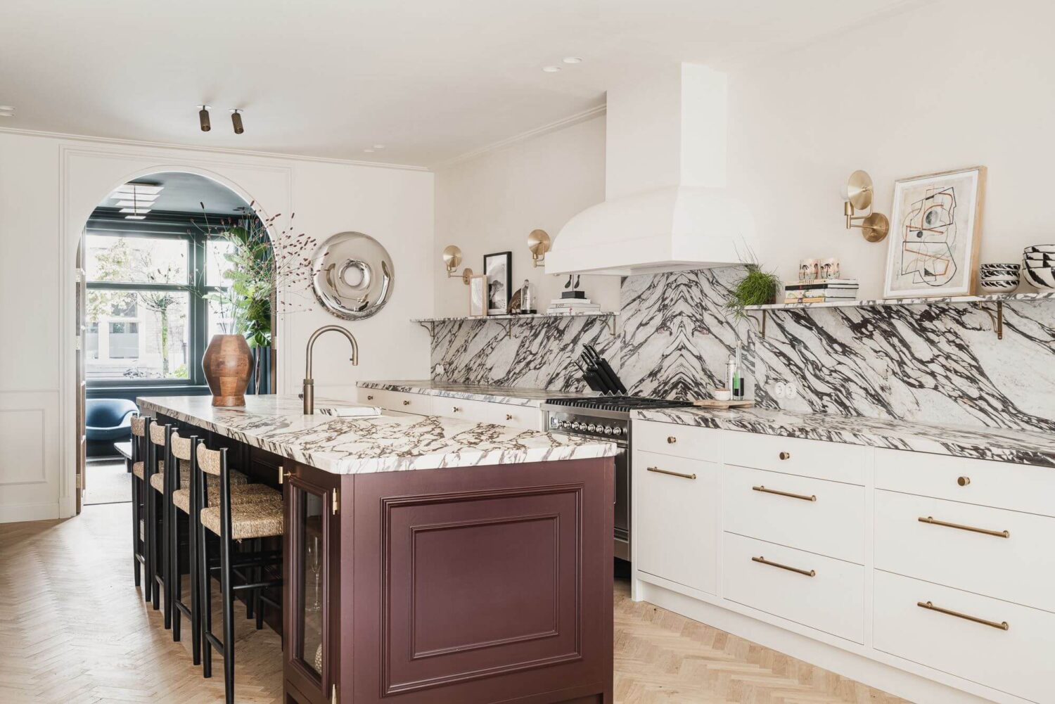 Color and Wallpaper in a Stylish Amsterdam Home 5 white-kitchen-marble-worktop-nordroom
